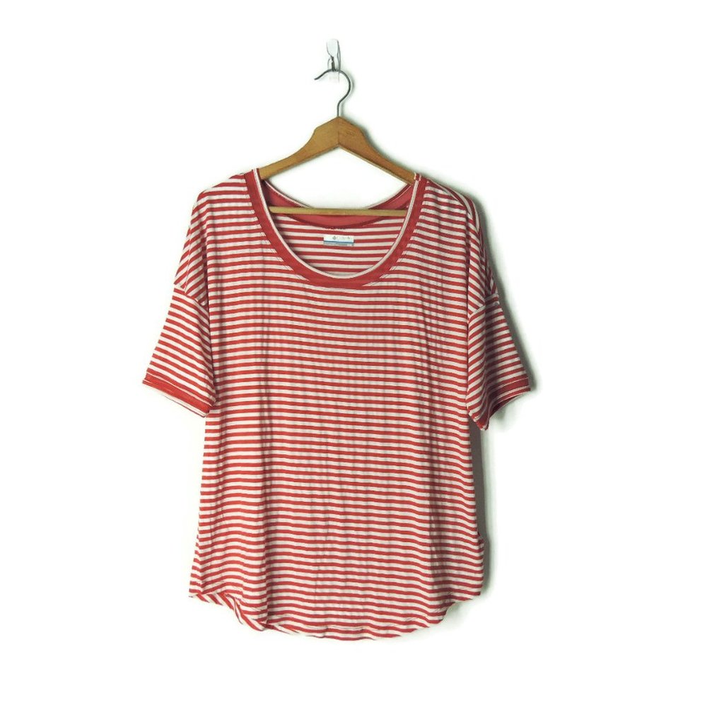 Columbia sz M red white striped knit top short sleeve tee blouse